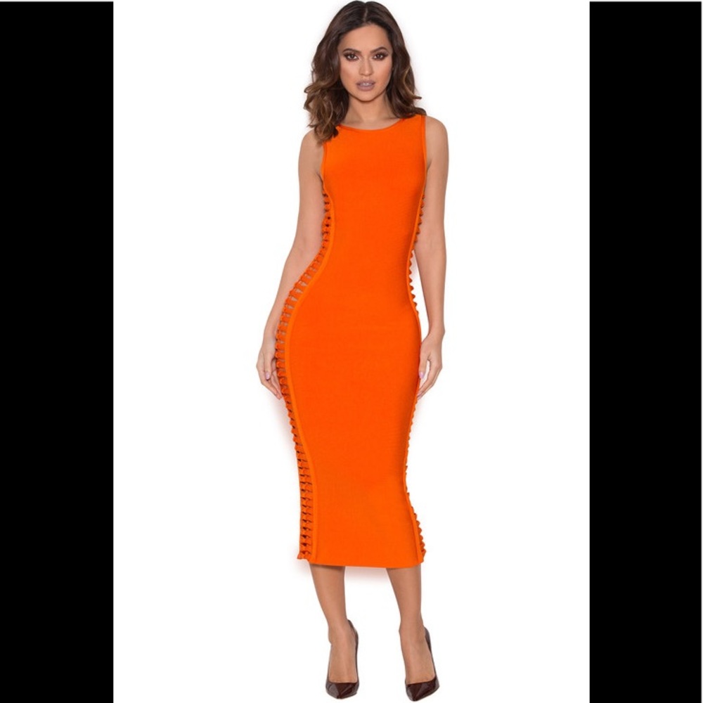 Burnt prange side weave midi bandage dress